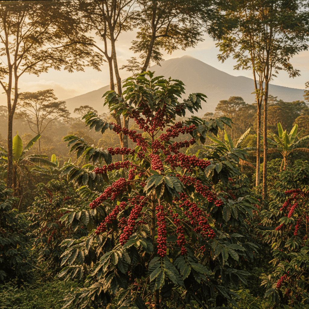 A lush tropical rainforest coffee estate in the Southeast Asian highlands, with terraced rows of coffee plants winding between towering jungle canopy trees and cool morning mist